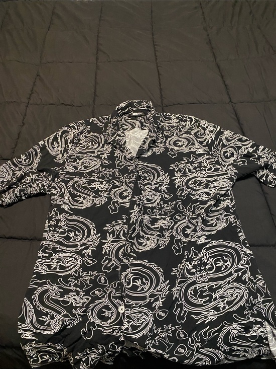 Other - Black Button-Up Shirt with White Dragon Print